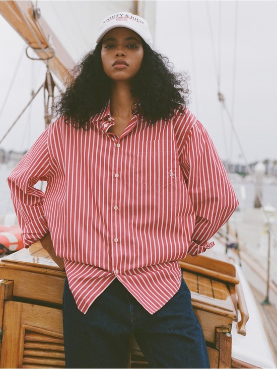 Sporty & Rich Tops - Sporty & Rich SRC Oversized Shirt Ruby Red Stripe